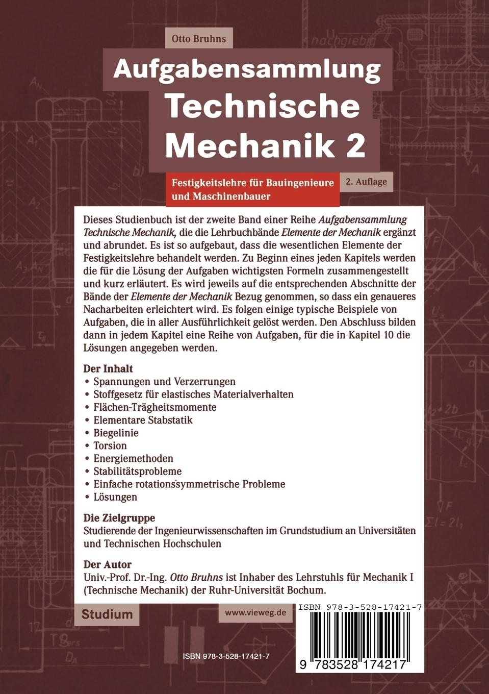 Rückseite: 9783528174217 | Aufgabensammlung Technische Mechanik 2 | Otto T. Bruhns | Taschenbuch