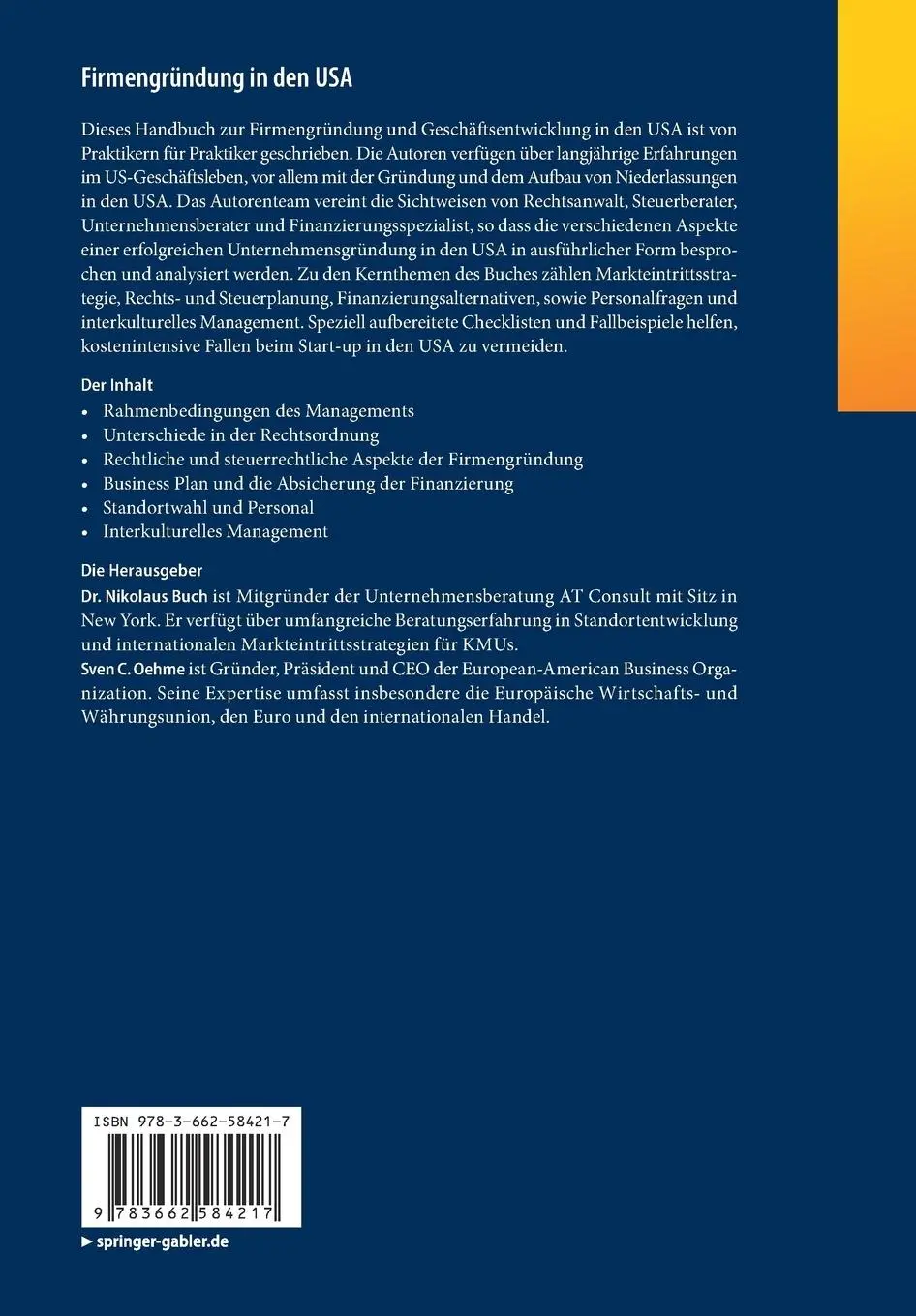 Rückseite: 9783662584217 | Firmengründung in den USA | Ein Handbuch für die Praxis | Taschenbuch