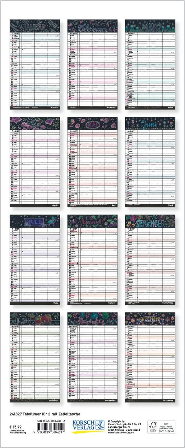 Bild: 9783819304217 | Tafeltimer für 2 mit Zetteltasche 2027 | Korsch Verlag | Kalender