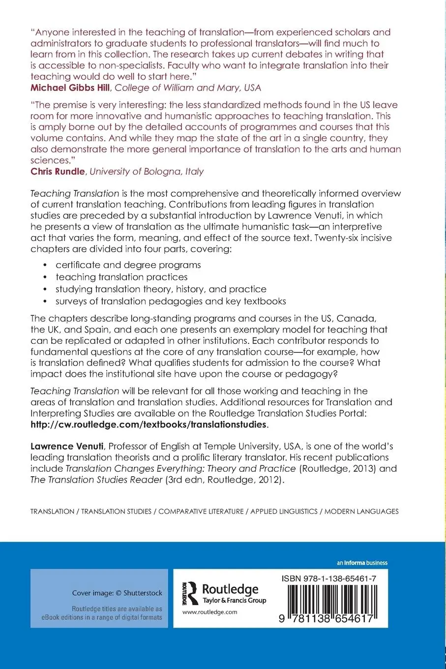 Rückseite: 9781138654617 | Teaching Translation | Programs, courses, pedagogies | Lawrence Venuti
