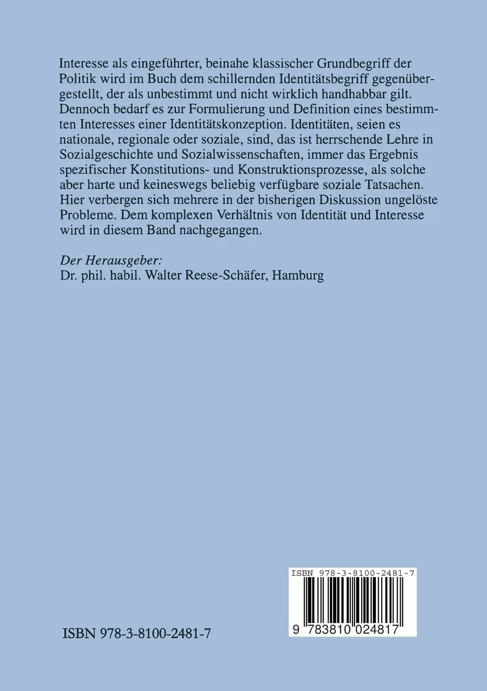 Rückseite: 9783810024817 | Identität und Interesse | Der Diskurs der Identitätsforschung | Buch