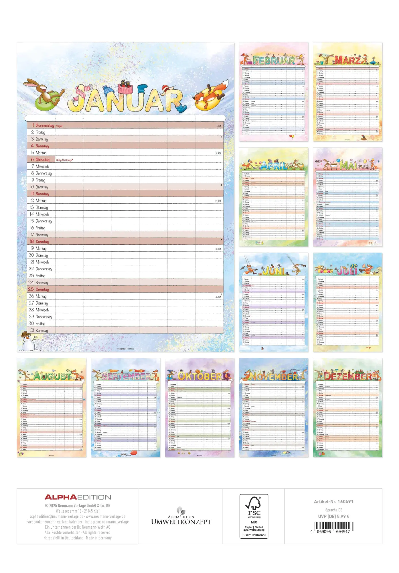 Rückseite: 4069095004917 | Familienplaner Cartoon 2026- Bildkalender 23,7x34 cm - 6 Spalten -...