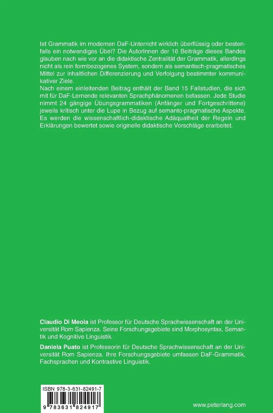Rückseite: 9783631824917 | Semantische und pragmatische Aspekte der Grammatik | Meola (u. a.)