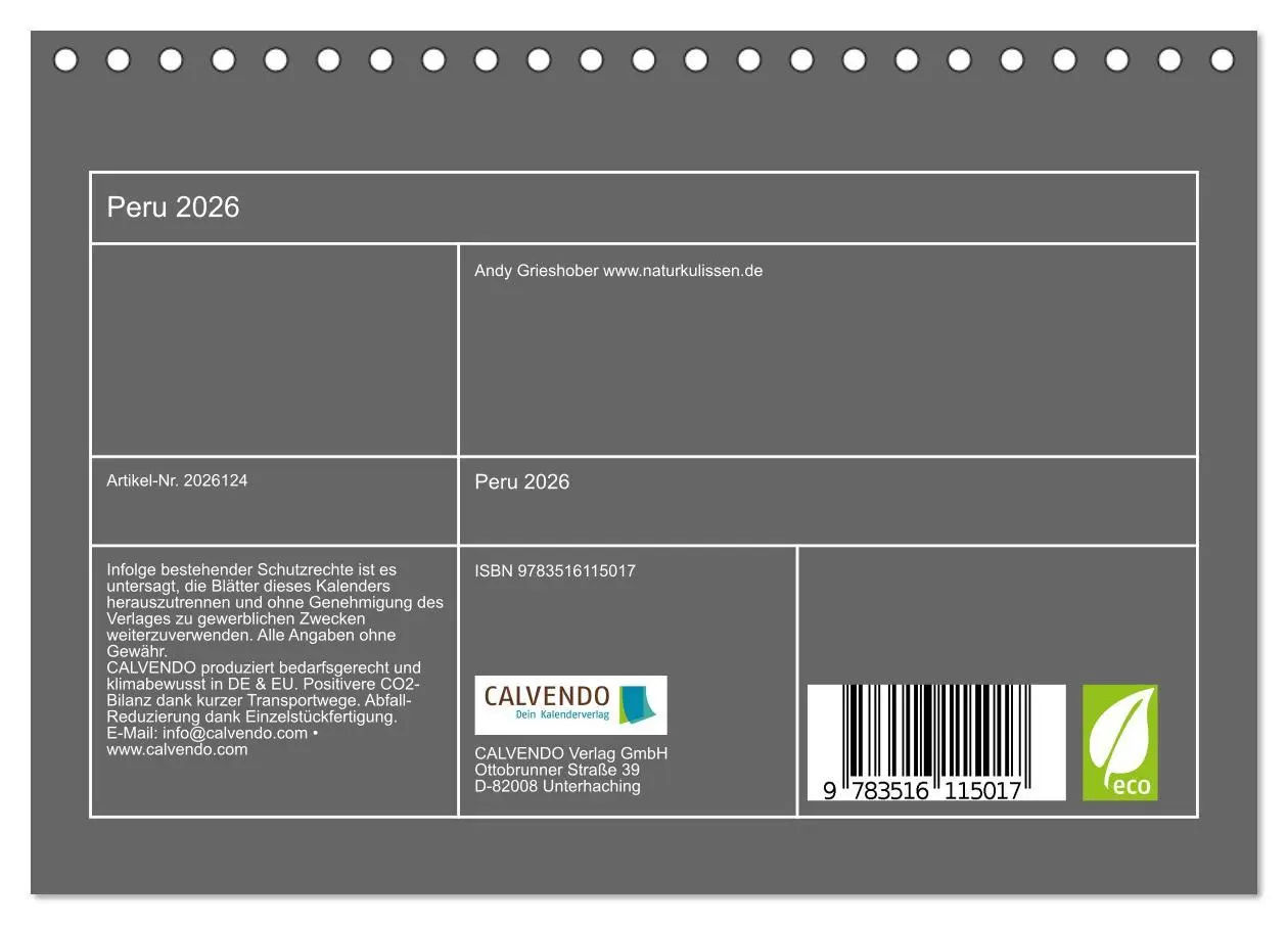 Bild: 9783516115017 | Peru 2026 (Tischkalender 2026 DIN A5 quer), CALVENDO Monatskalender