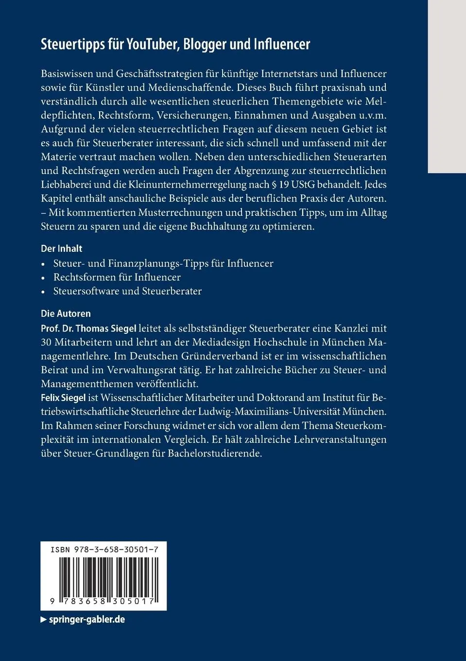 Rückseite: 9783658305017 | Steuertipps für YouTuber, Blogger und Influencer | Siegel (u. a.) | ix