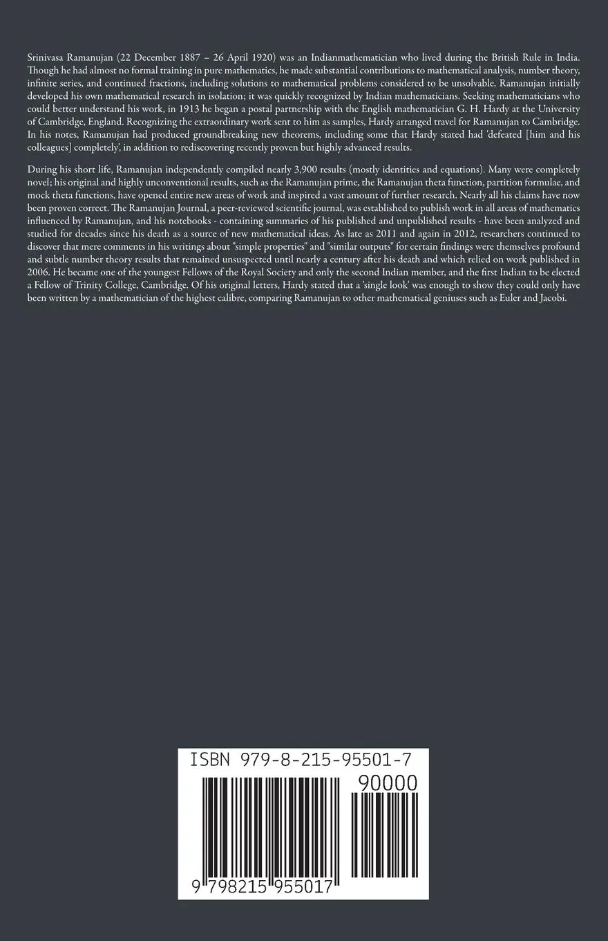 Rückseite: 9798215955017 | Srinivasa Ramanujan | Manoj Singh | Taschenbuch | Englisch | 2022