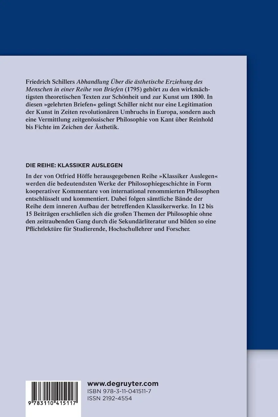 Rückseite: 9783110415117 | Friedrich Schiller: Über die Ästhetische Erziehung des Menschen in...