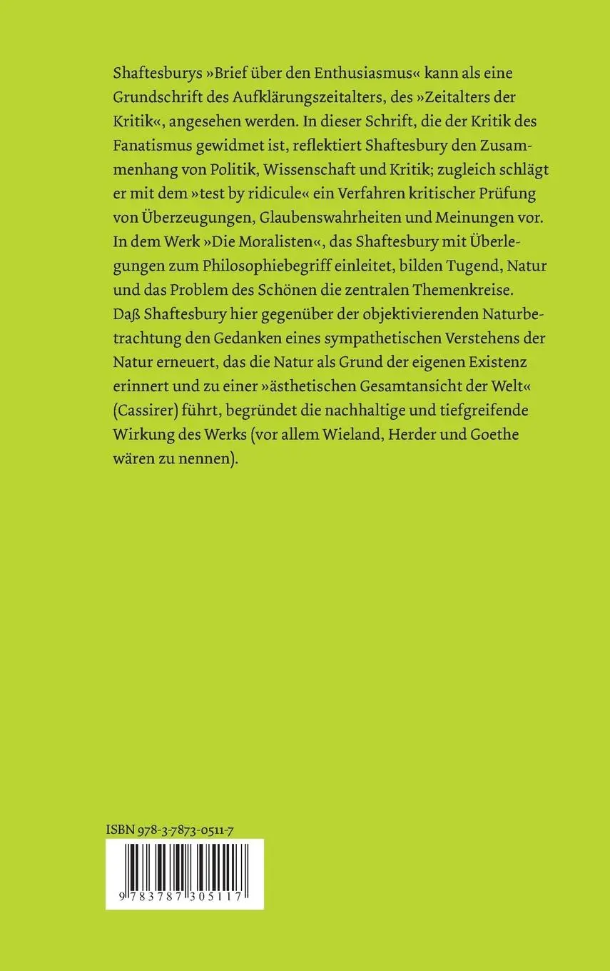 Rückseite: 9783787305117 | Ein Brief über den Enthusiasmus. Die Moralisten | Shaftesbury | Buch