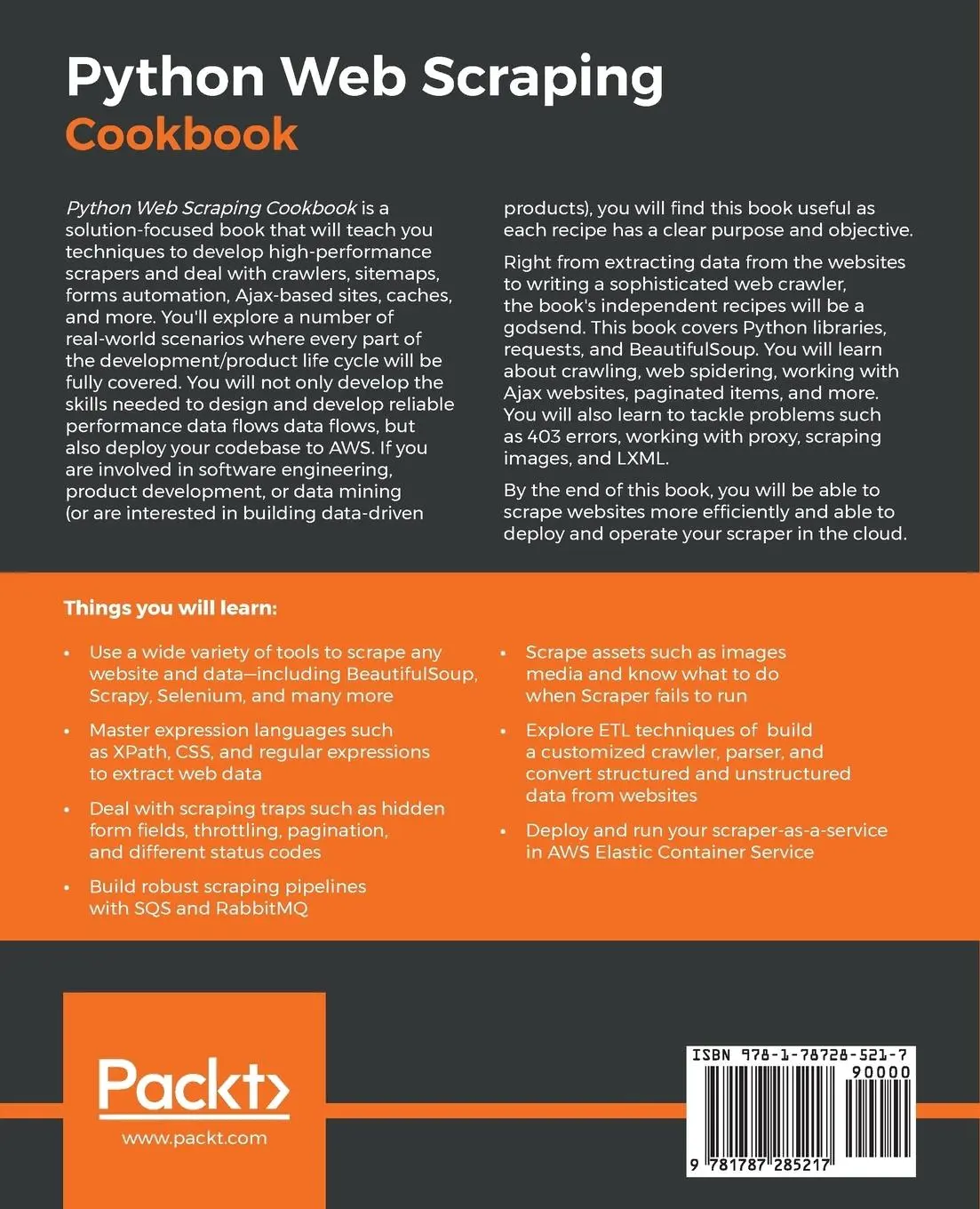 Rückseite: 9781787285217 | Python Web Scraping Cookbook | Michael Heydt | Taschenbuch | Englisch