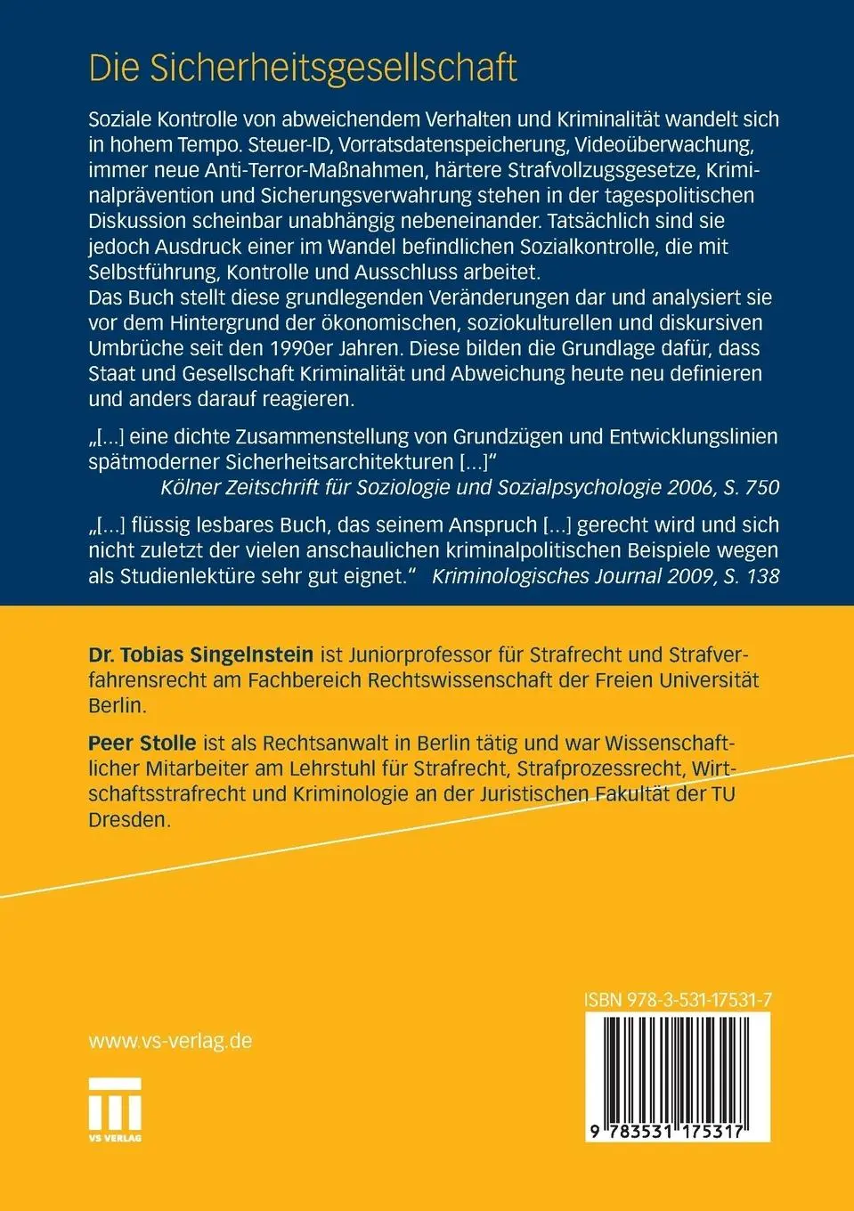 Rückseite: 9783531175317 | Die Sicherheitsgesellschaft | Soziale Kontrolle im 21. Jahrhundert