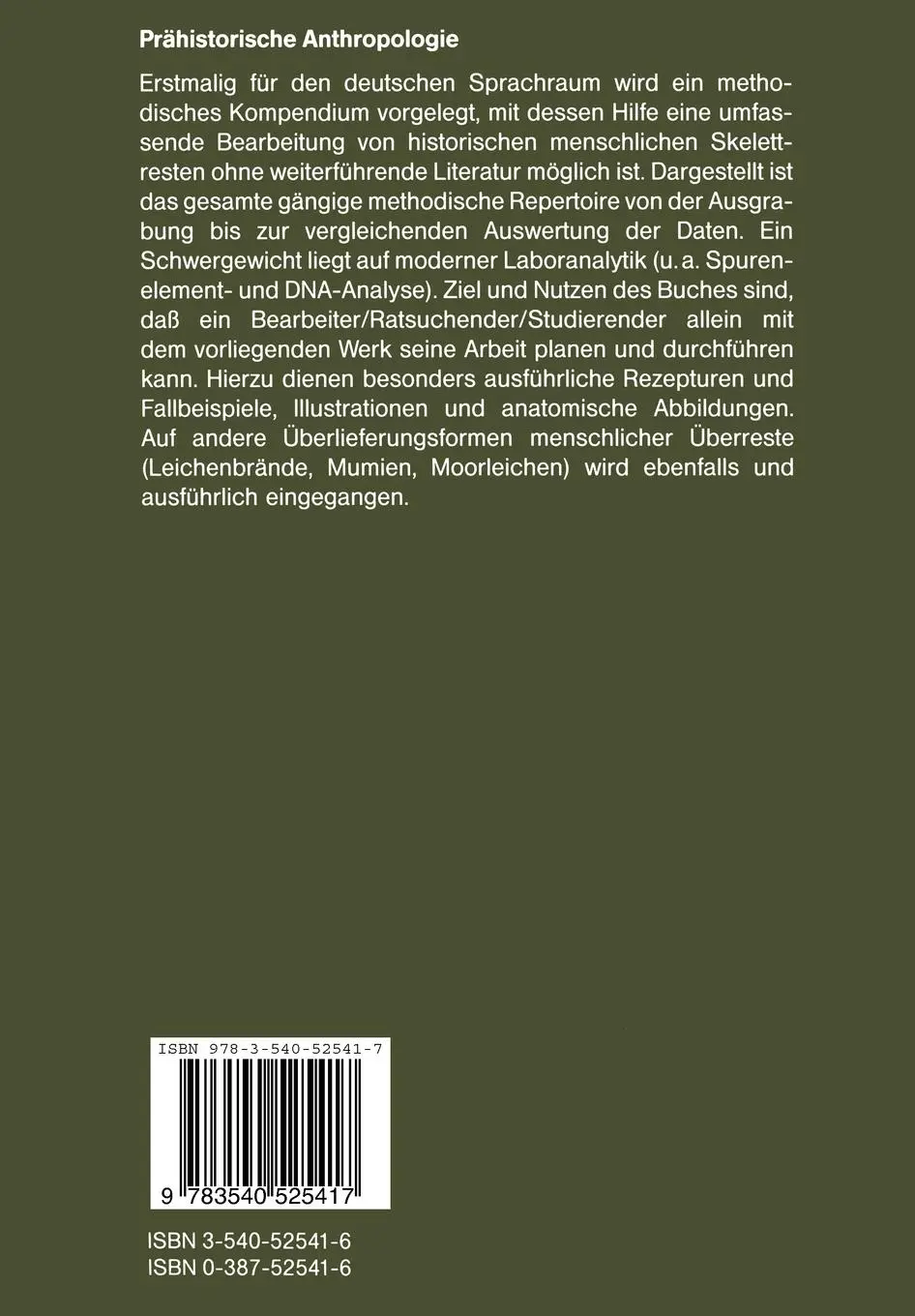 Rückseite: 9783540525417 | Prähistorische Anthropologie | Leitfaden der Feld- und Labormethoden