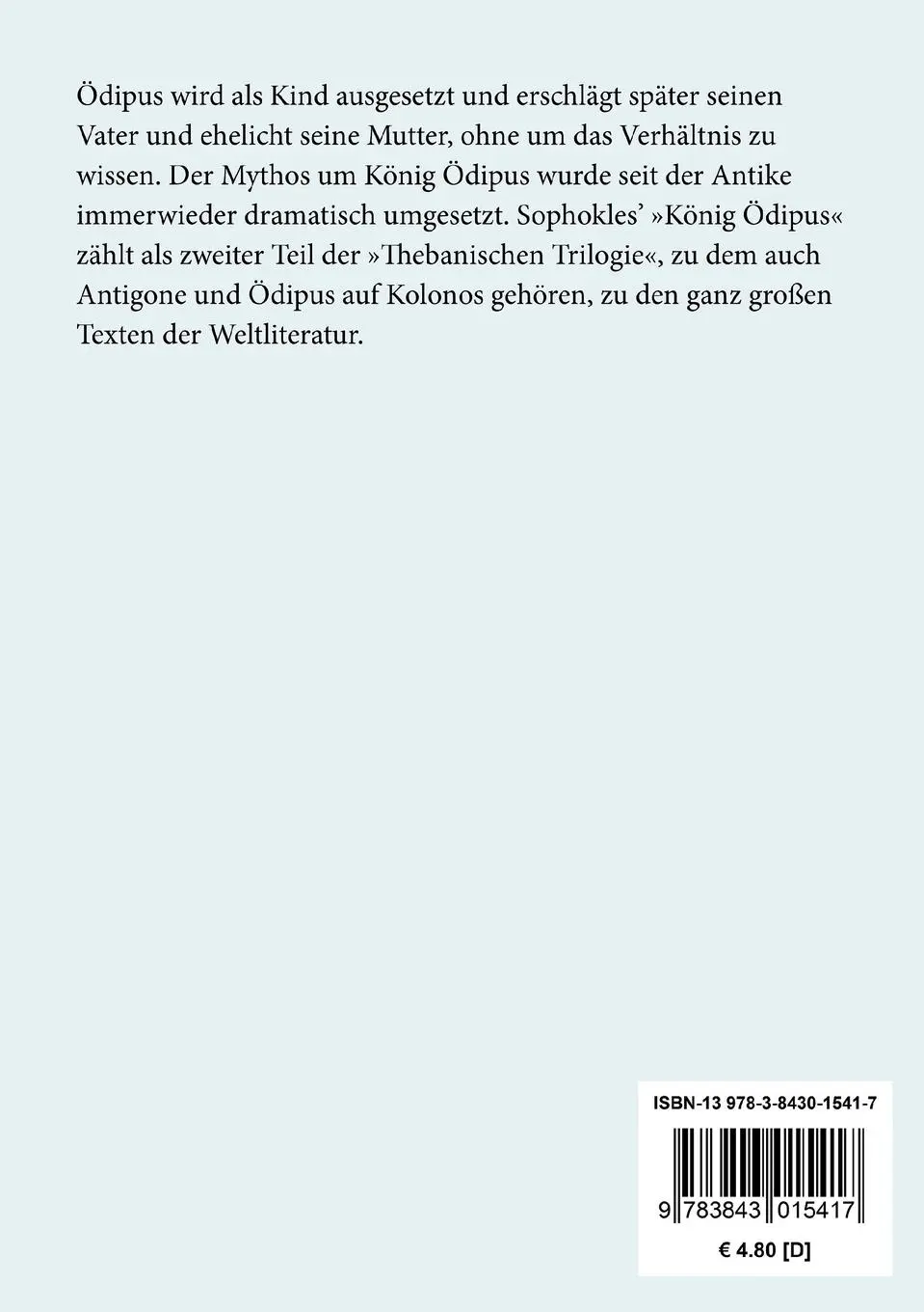 Rückseite: 9783843015417 | König Ödipus | Sophokles | Taschenbuch | 60 S. | Deutsch | 2016