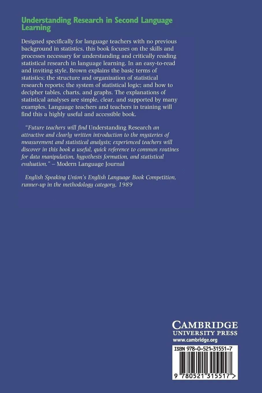 Rückseite: 9780521315517 | Understanding Research in Second Language Learning | James Dean Brown