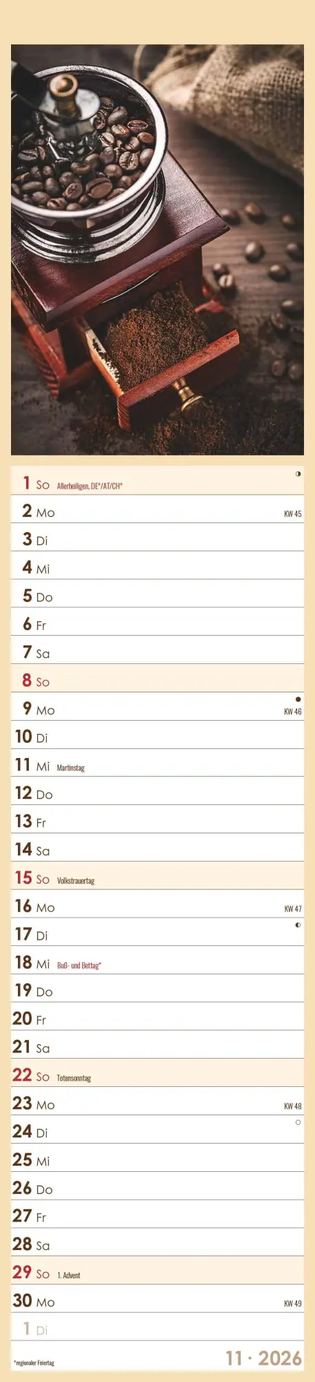 Bild: 4069095005617 | Küchenplaner Kaffee 2026 - Streifen-Kalender 11,3x49x5 cm -...