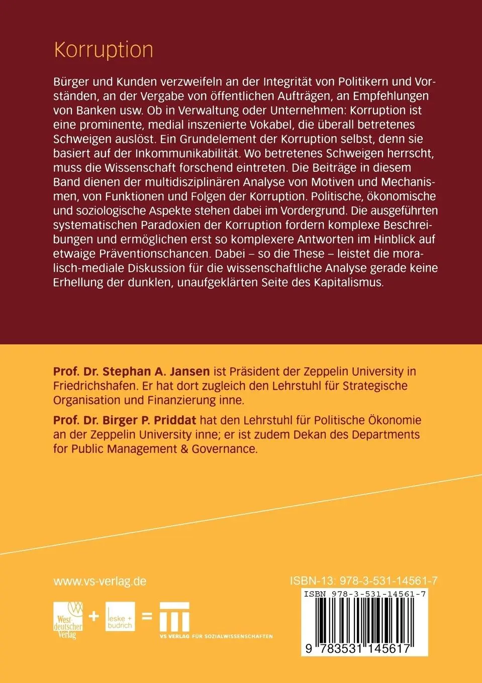 Rückseite: 9783531145617 | Korruption | Birger P. Priddat (u. a.) | Taschenbuch | 223 S. | 2005