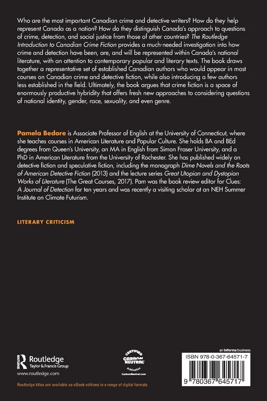 Rückseite: 9780367645717 | The Routledge Introduction to Canadian Crime Fiction | Pamela Bedore