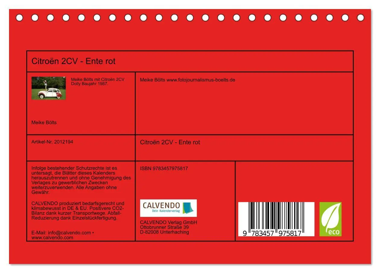 Bild: 9783457975817 | Citroën 2CV - Ente rot (Tischkalender 2026 DIN A5 quer), CALVENDO...