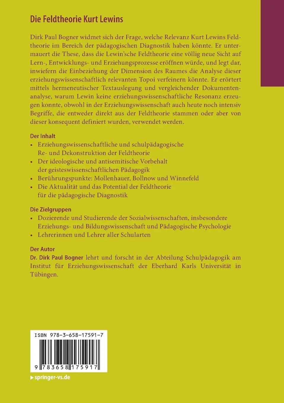 Rückseite: 9783658175917 | Die Feldtheorie Kurt Lewins | Dirk Paul Bogner | Taschenbuch | xv