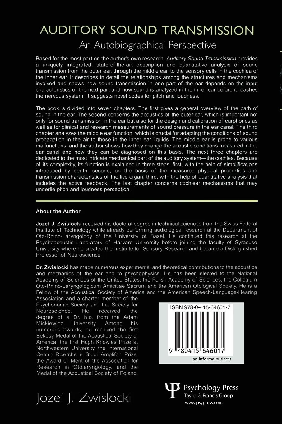Rückseite: 9780415646017 | Auditory Sound Transmission | An Autobiographical Perspective | Buch
