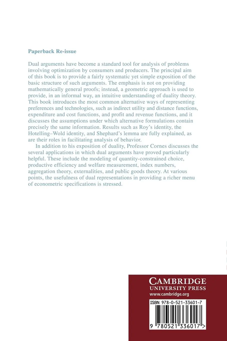 Rückseite: 9780521336017 | Duality and Modern Economics | Richard Cornes | Taschenbuch | Englisch