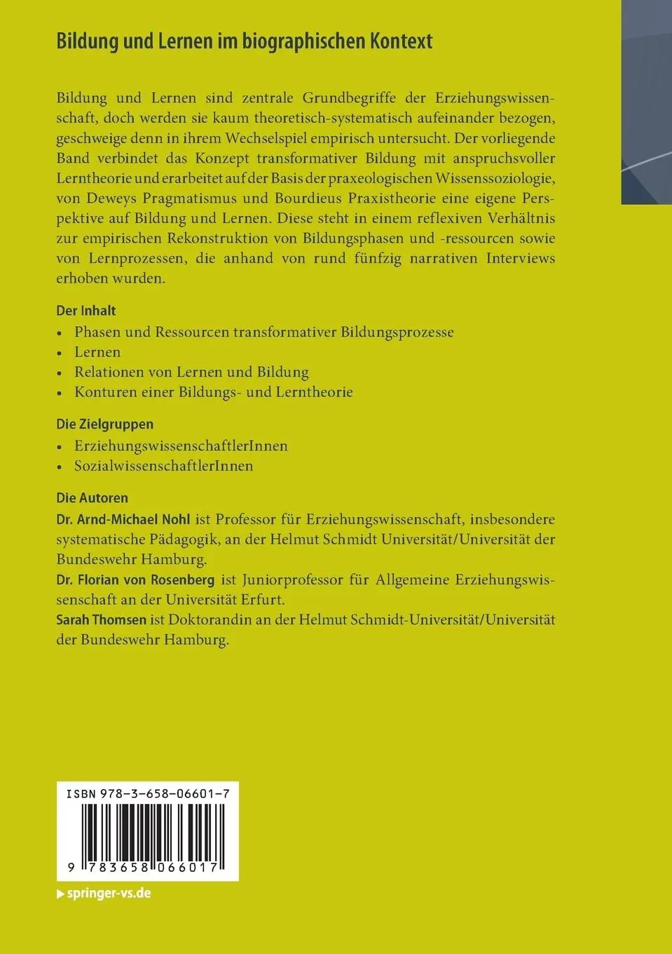 Rückseite: 9783658066017 | Bildung und Lernen im biographischen Kontext | Nohl (u. a.) | Buch