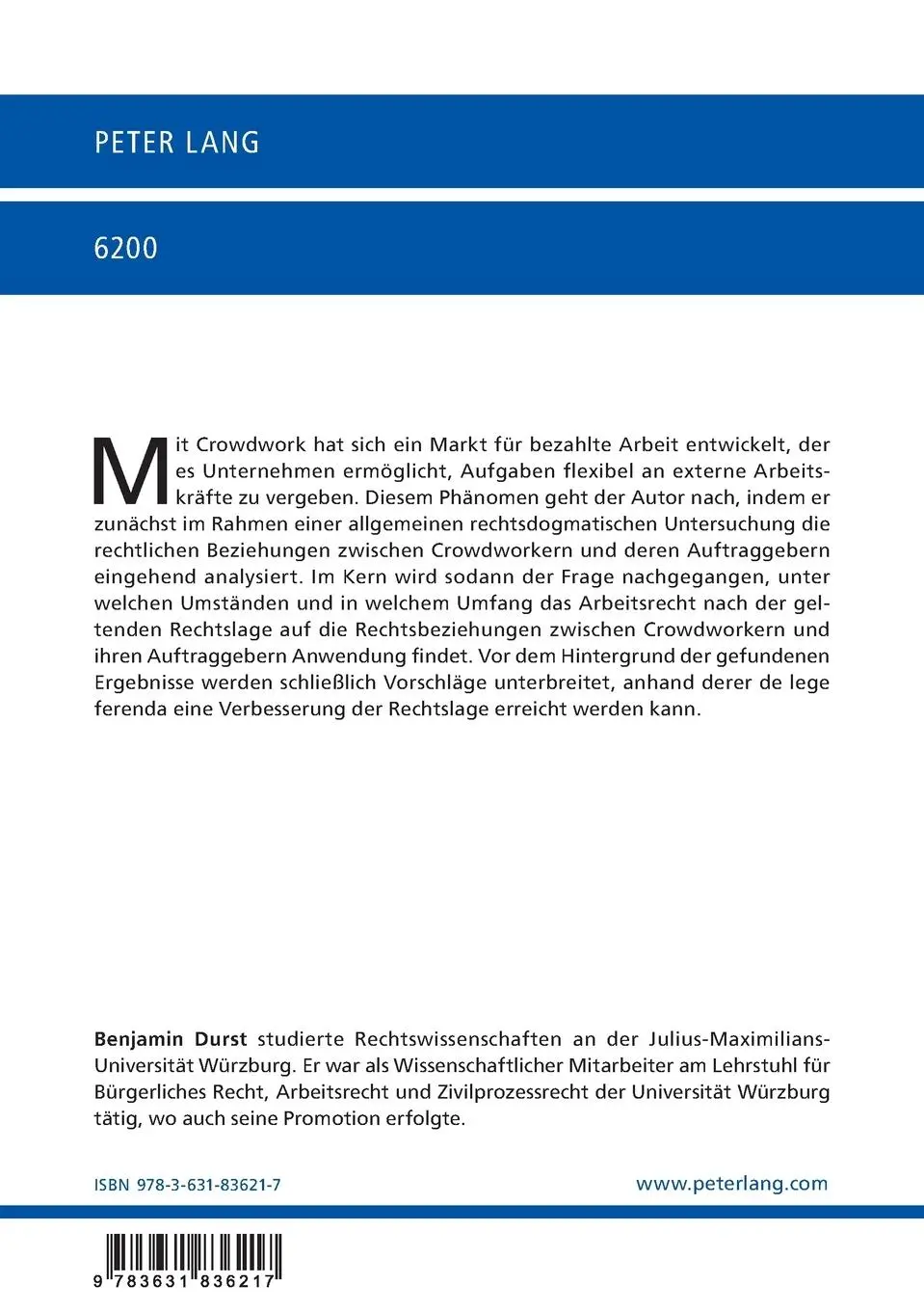 Rückseite: 9783631836217 | Crowdwork - Herausforderungen einer neuen Form der Beschäftigung...
