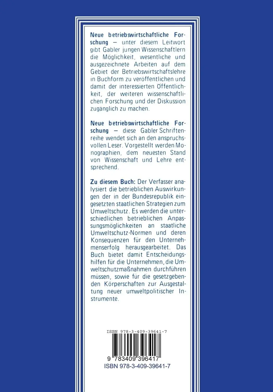 Rückseite: 9783409396417 | Umweltschutz und Unternehmensplanung | Christoph Lange | Taschenbuch