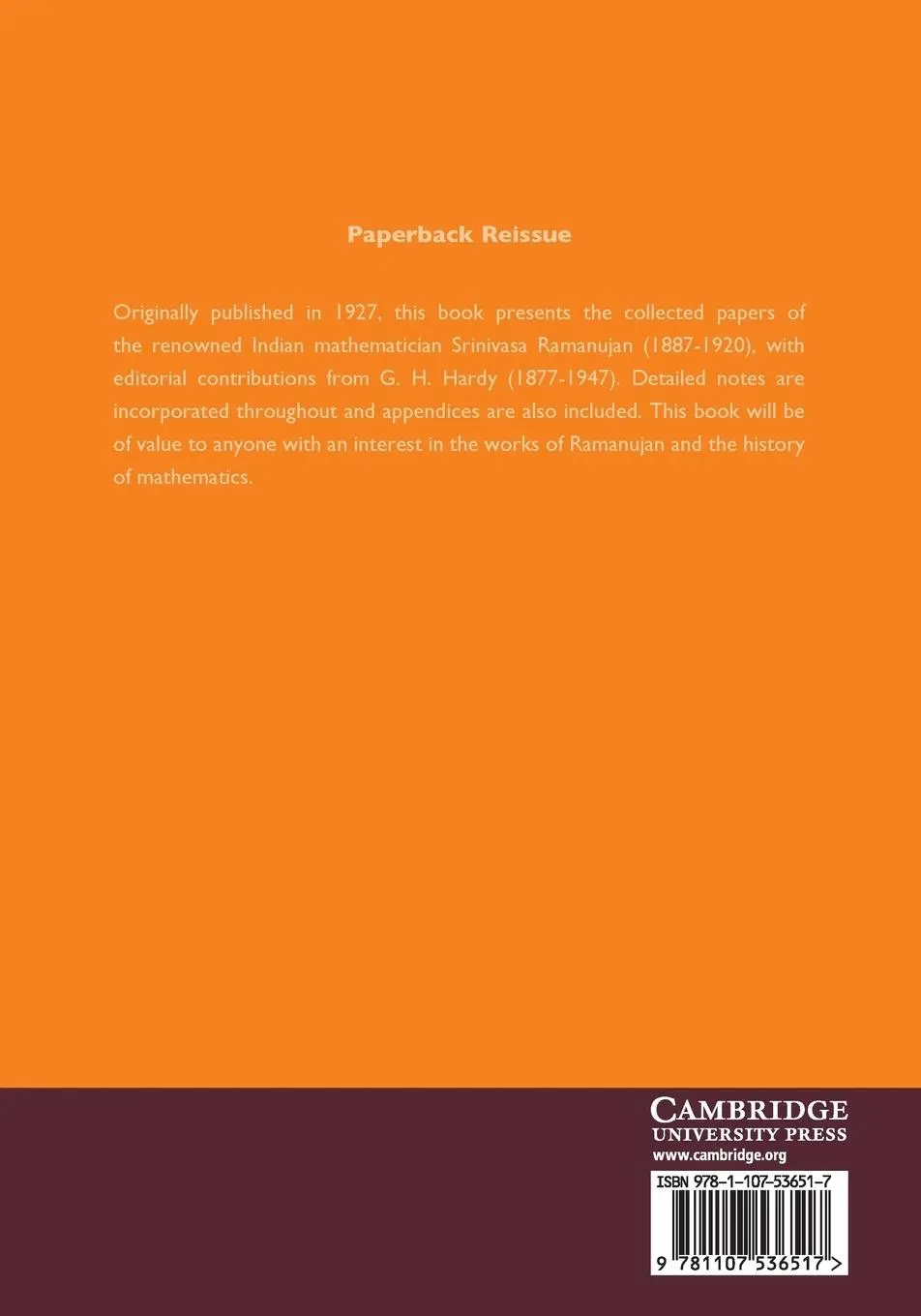 Rückseite: 9781107536517 | Collected Papers of Srinivasa Ramanujan | Srinivasa Ramanujan | Buch