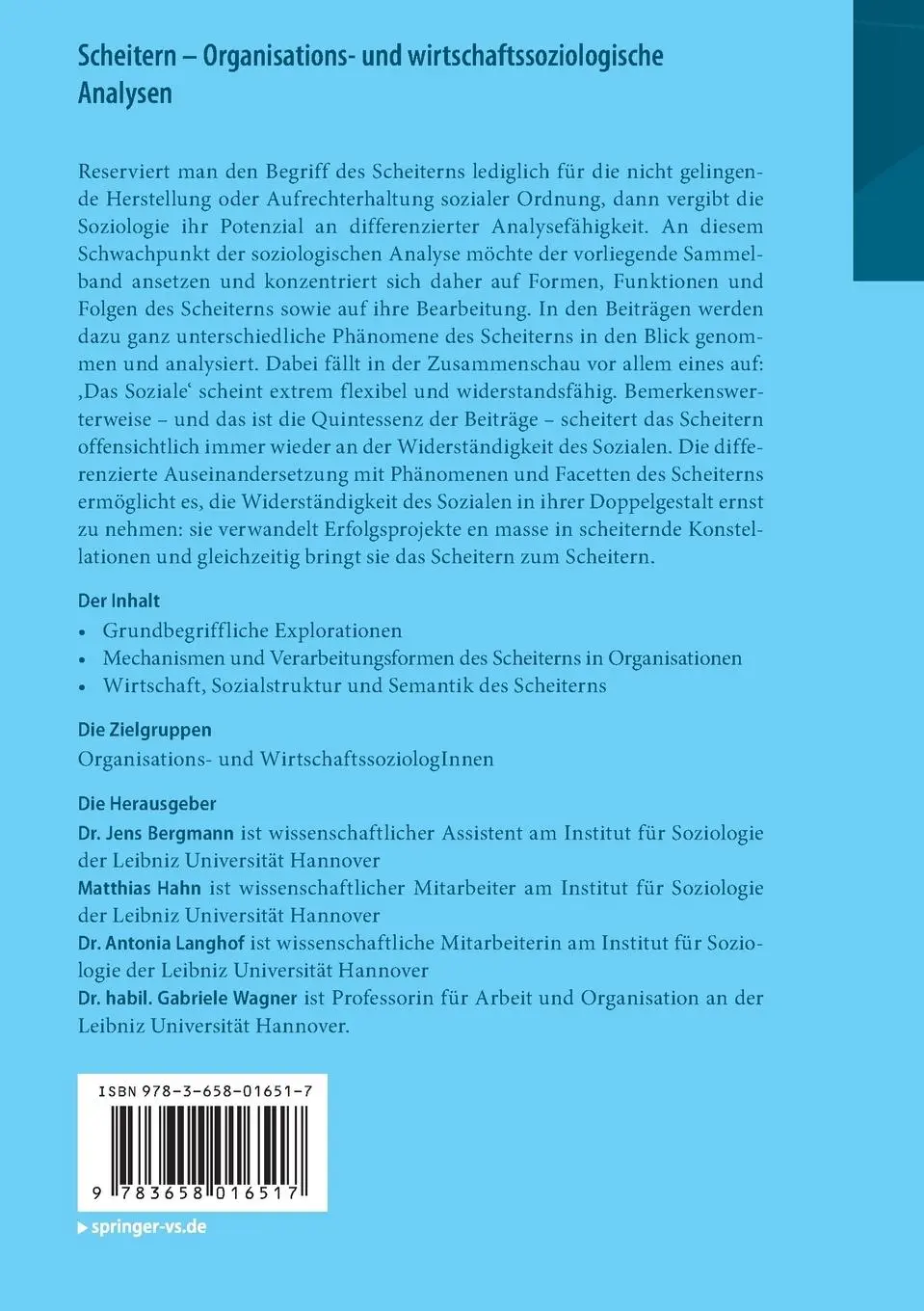 Rückseite: 9783658016517 | Scheitern - Organisations- und wirtschaftssoziologische Analysen