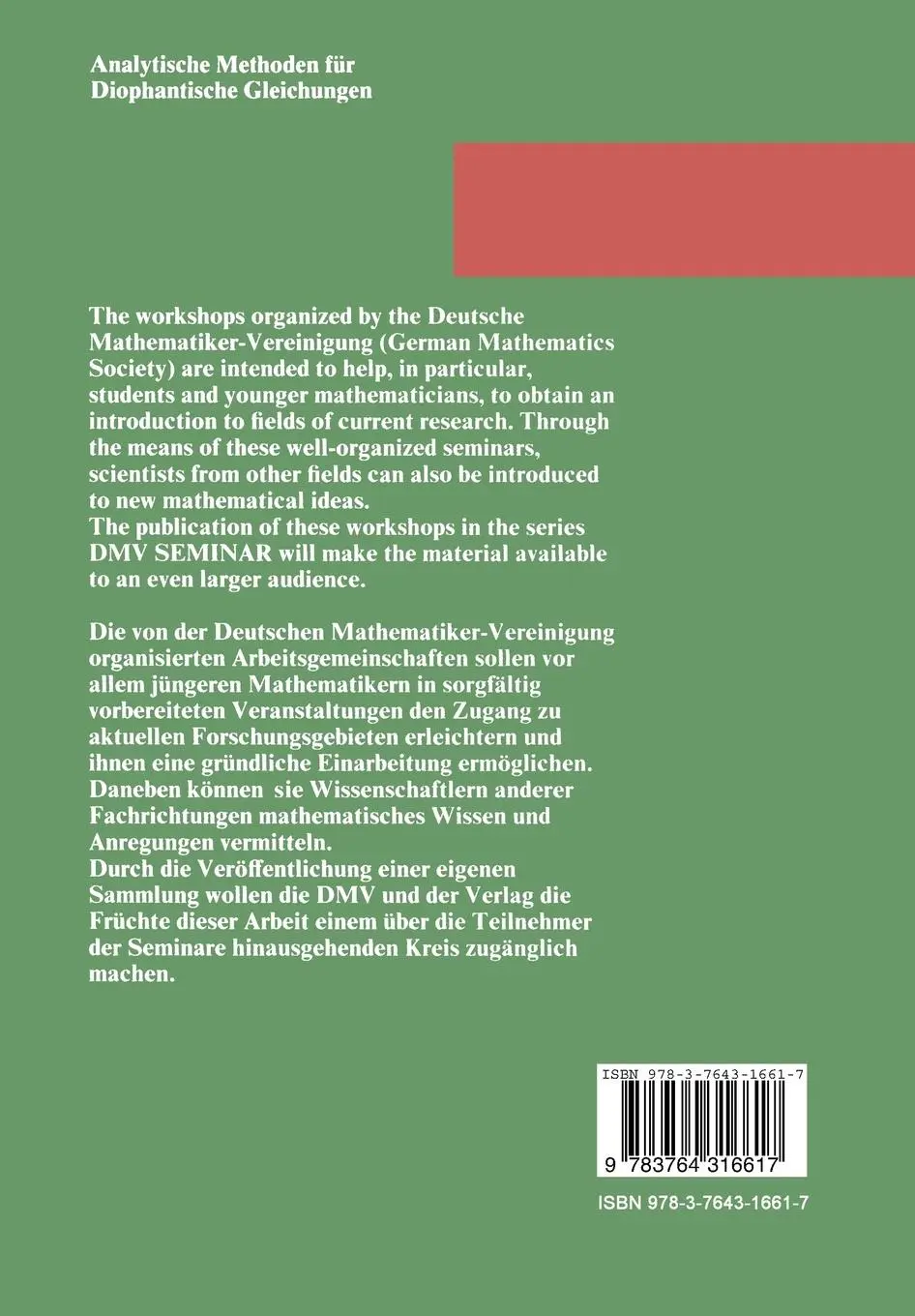Rückseite: 9783764316617 | Analytische Methoden für Diophantische Gleichungen | W. M. Schmidt