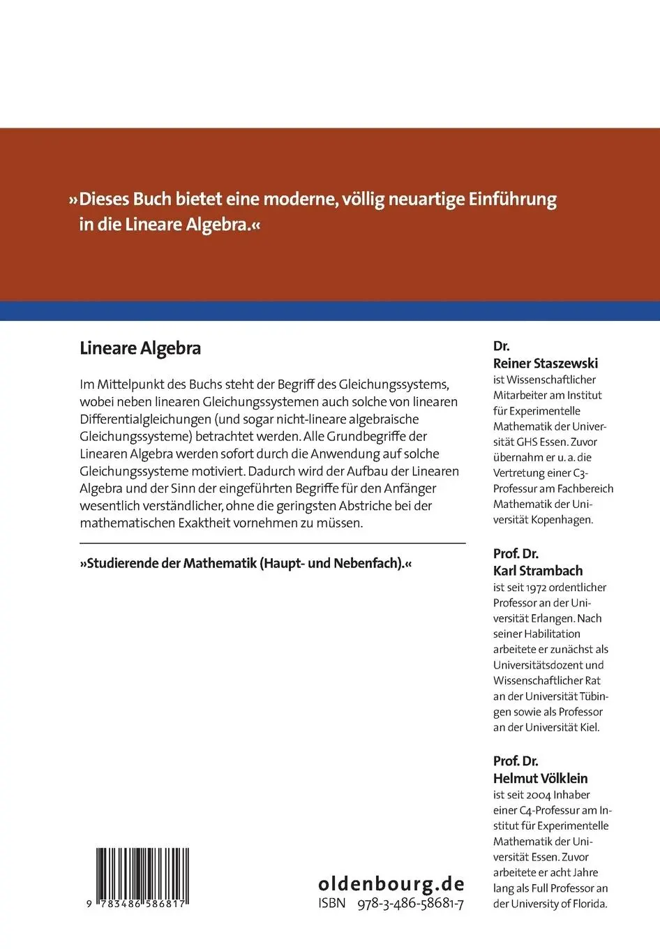 Rückseite: 9783486586817 | Lineare Algebra | Reiner Staszewski (u. a.) | Taschenbuch | 231 S.