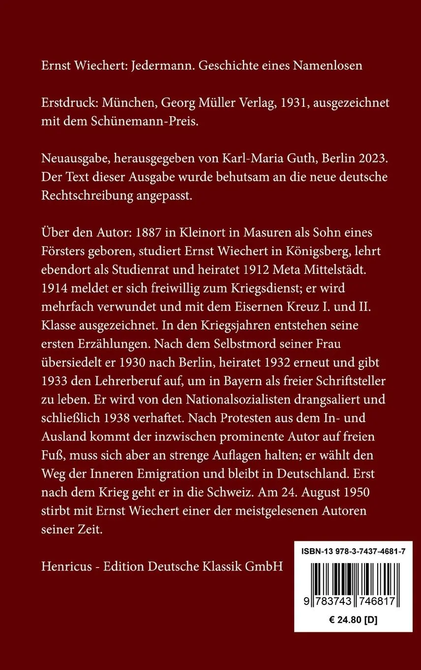 Rückseite: 9783743746817 | Jedermann | Geschichte eines Namenlosen | Ernst Wiechert | Buch | 2023