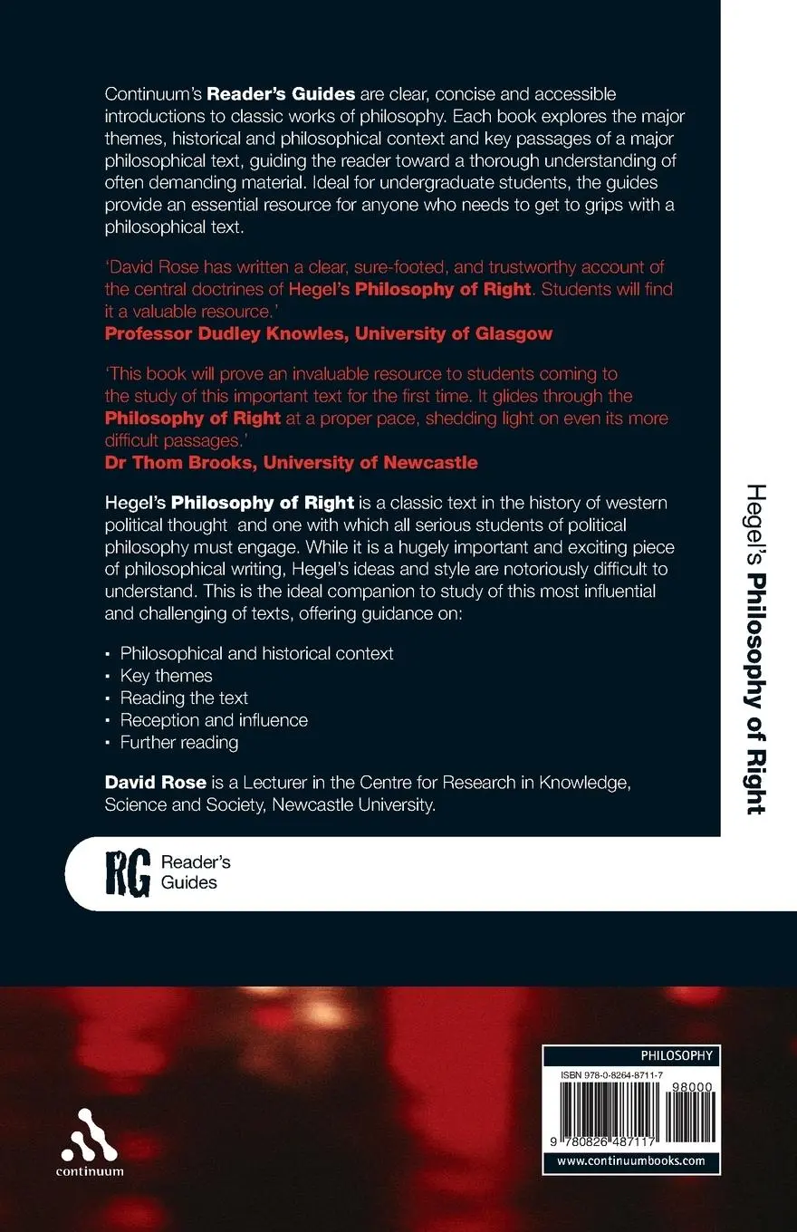 Rückseite: 9780826487117 | Hegel's 'Philosophy of Right' | A Reader's Guide | David Edward Rose