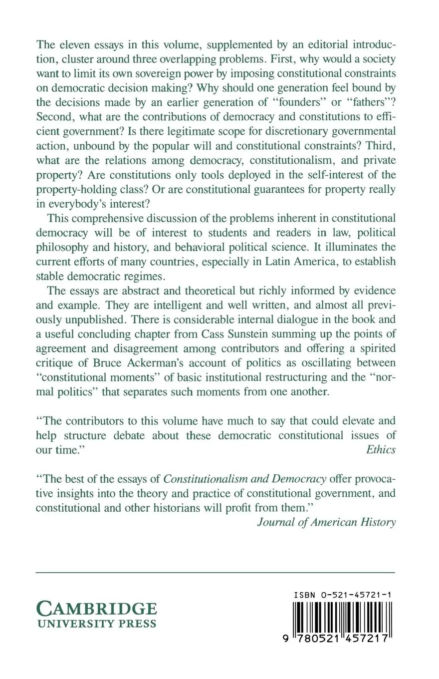Rückseite: 9780521457217 | Constitutionalism and Democracy | Jon Elster (u. a.) | Taschenbuch