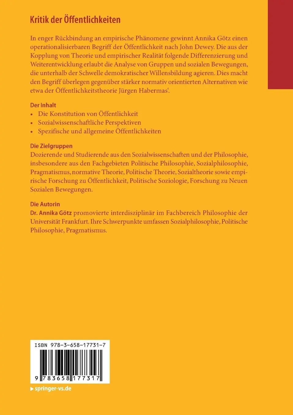 Rückseite: 9783658177317 | Kritik der Öffentlichkeiten | John Dewey neu denken | Annika Götz | ix