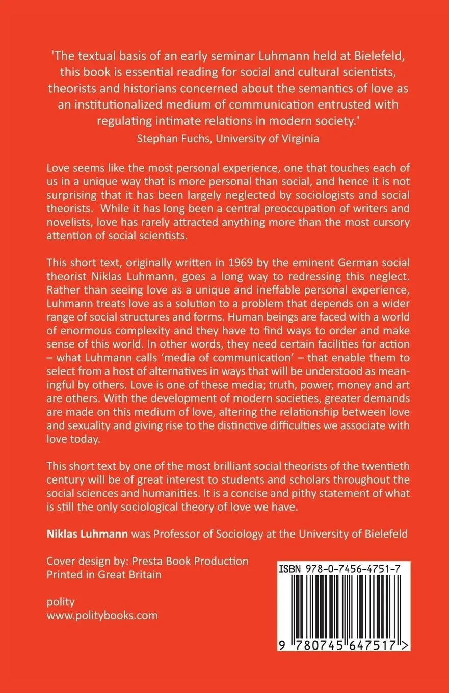Rückseite: 9780745647517 | Love | A Sketch | Niklas Luhmann | Taschenbuch | 100 S. | Englisch