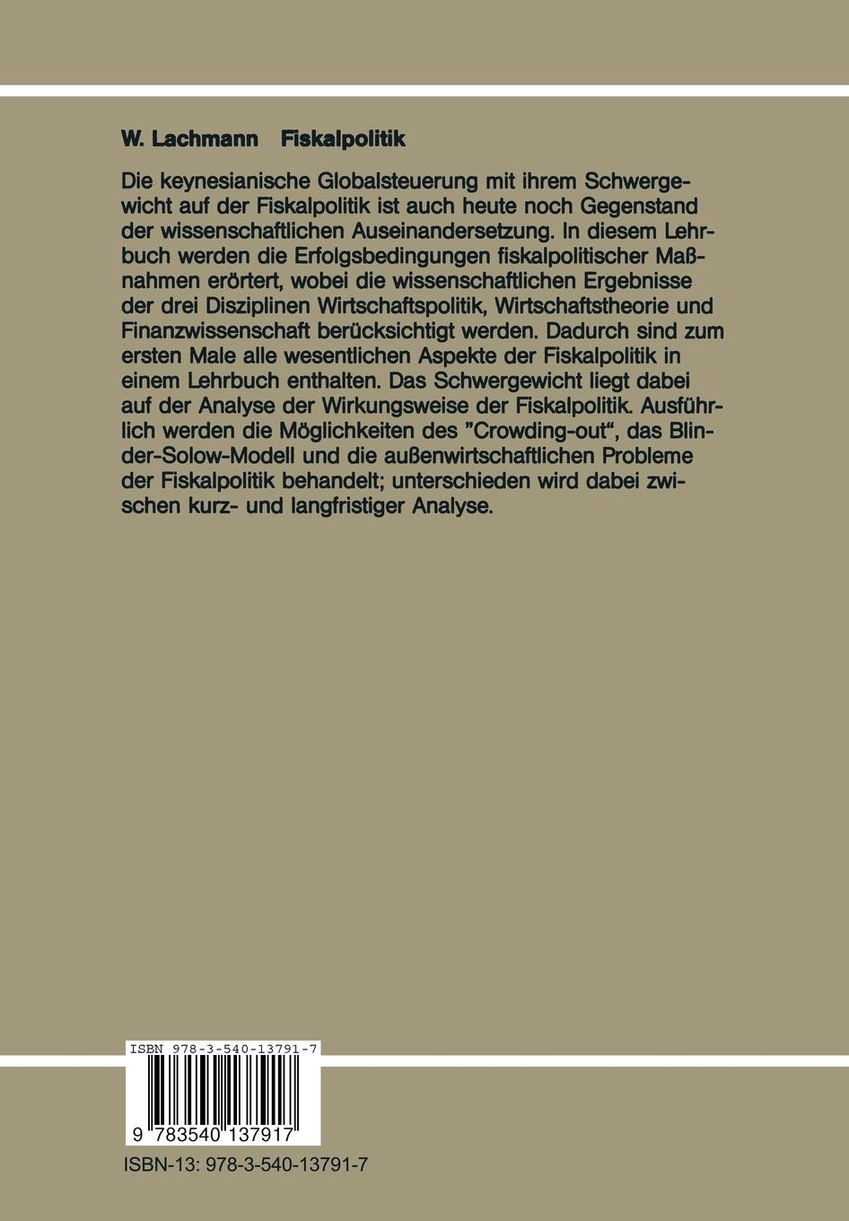 Rückseite: 9783540137917 | Fiskalpolitik | Werner Lachmann | Taschenbuch | xiv | Deutsch | 1986