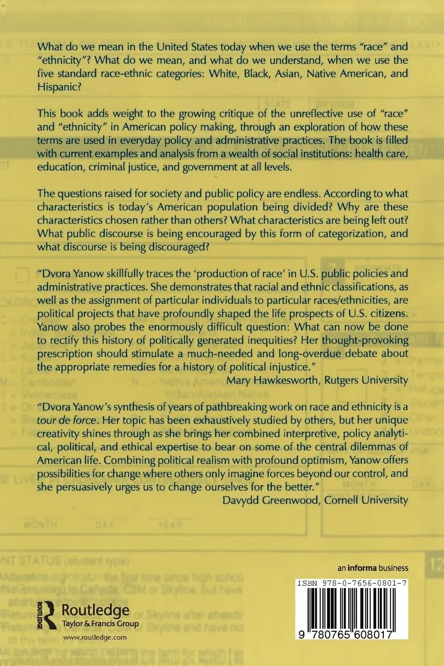 Rückseite: 9780765608017 | Constructing Race and Ethnicity in America | Dvora Yanow | Taschenbuch