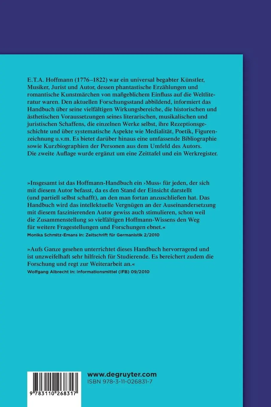 Rückseite: 9783110268317 | E.T.A. Hoffmann | Leben - Werk - Wirkung | Detlef Kremer | Taschenbuch