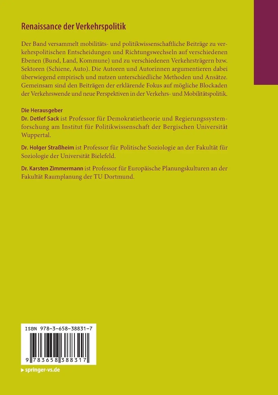 Rückseite: 9783658388317 | Renaissance der Verkehrspolitik | Detlef Sack (u. a.) | Taschenbuch