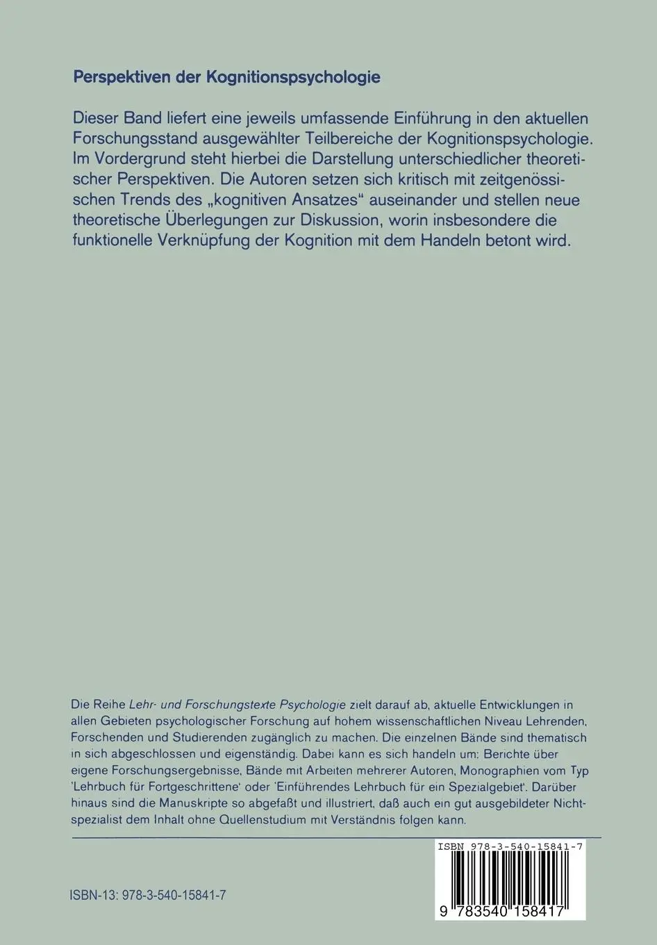 Rückseite: 9783540158417 | Perspektiven der Kognitionspsychologie | Odmar Neumann | Taschenbuch