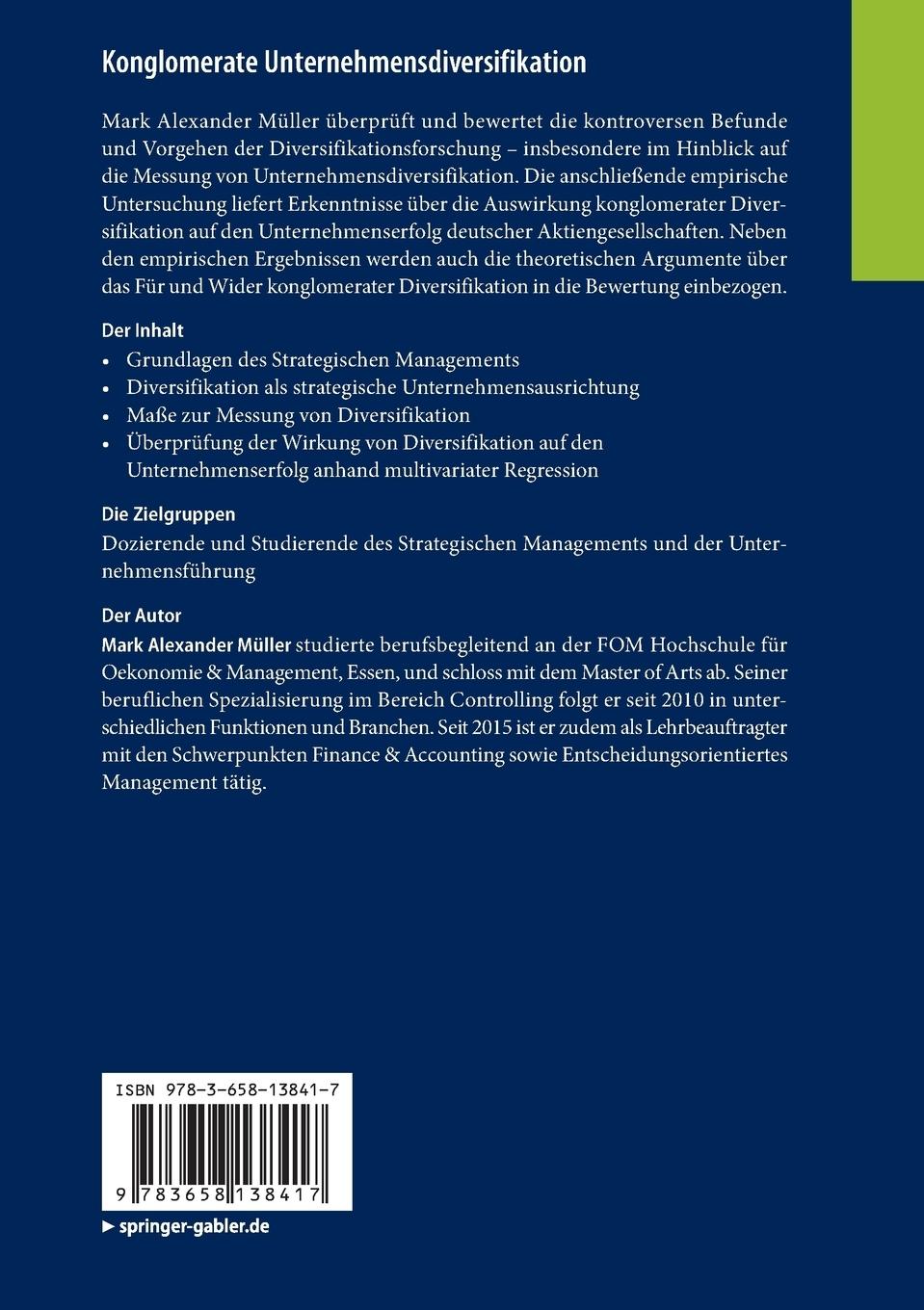 Rückseite: 9783658138417 | Konglomerate Unternehmensdiversifikation | Mark Alexander Müller