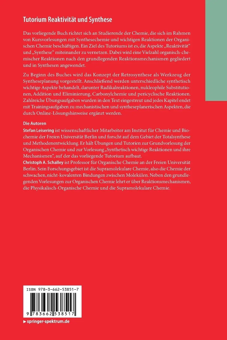 Rückseite: 9783662538517 | Tutorium Reaktivität und Synthese | Christoph A Schalley (u. a.) | x