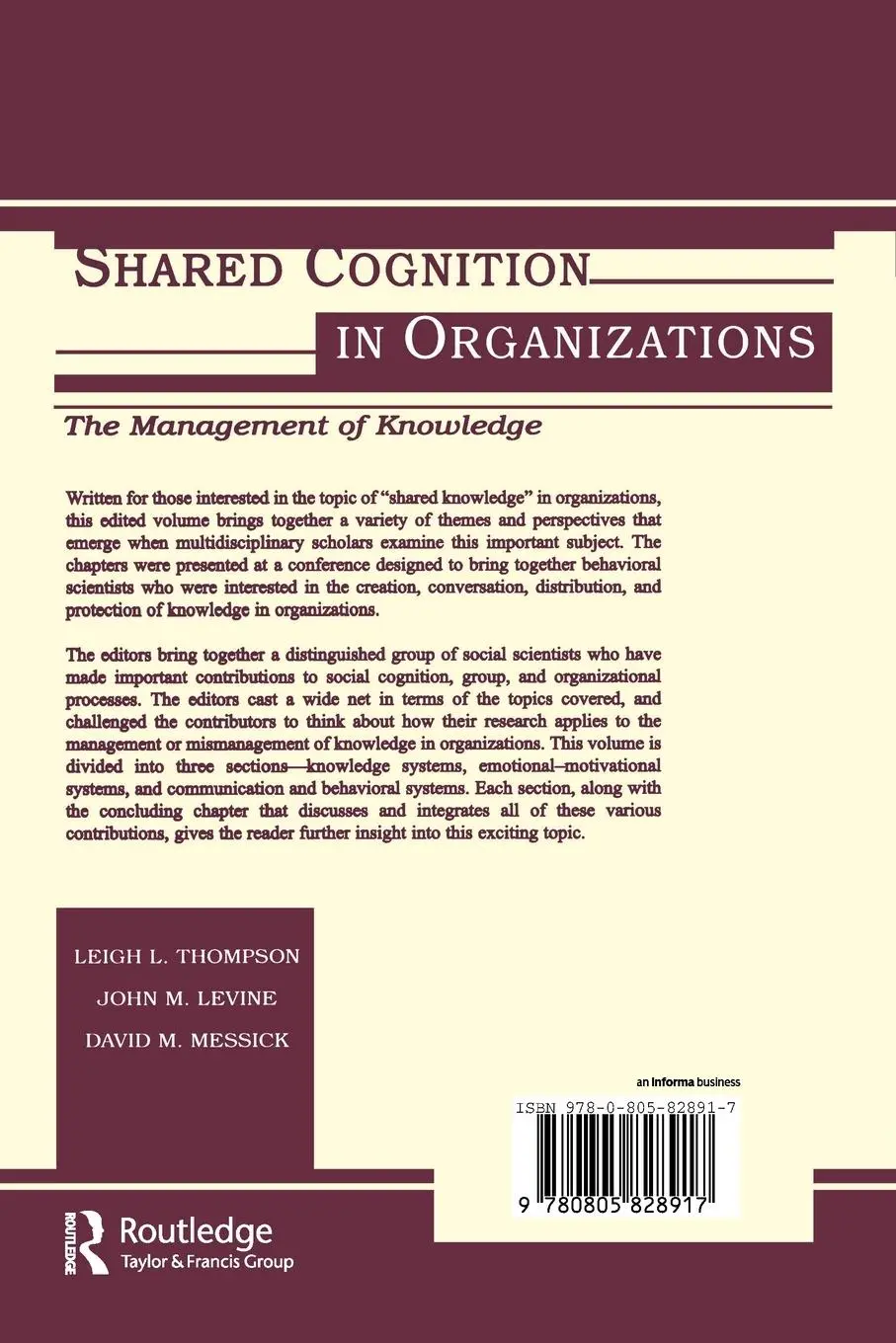 Rückseite: 9780805828917 | Shared Cognition in Organizations | The Management of Knowledge | Buch