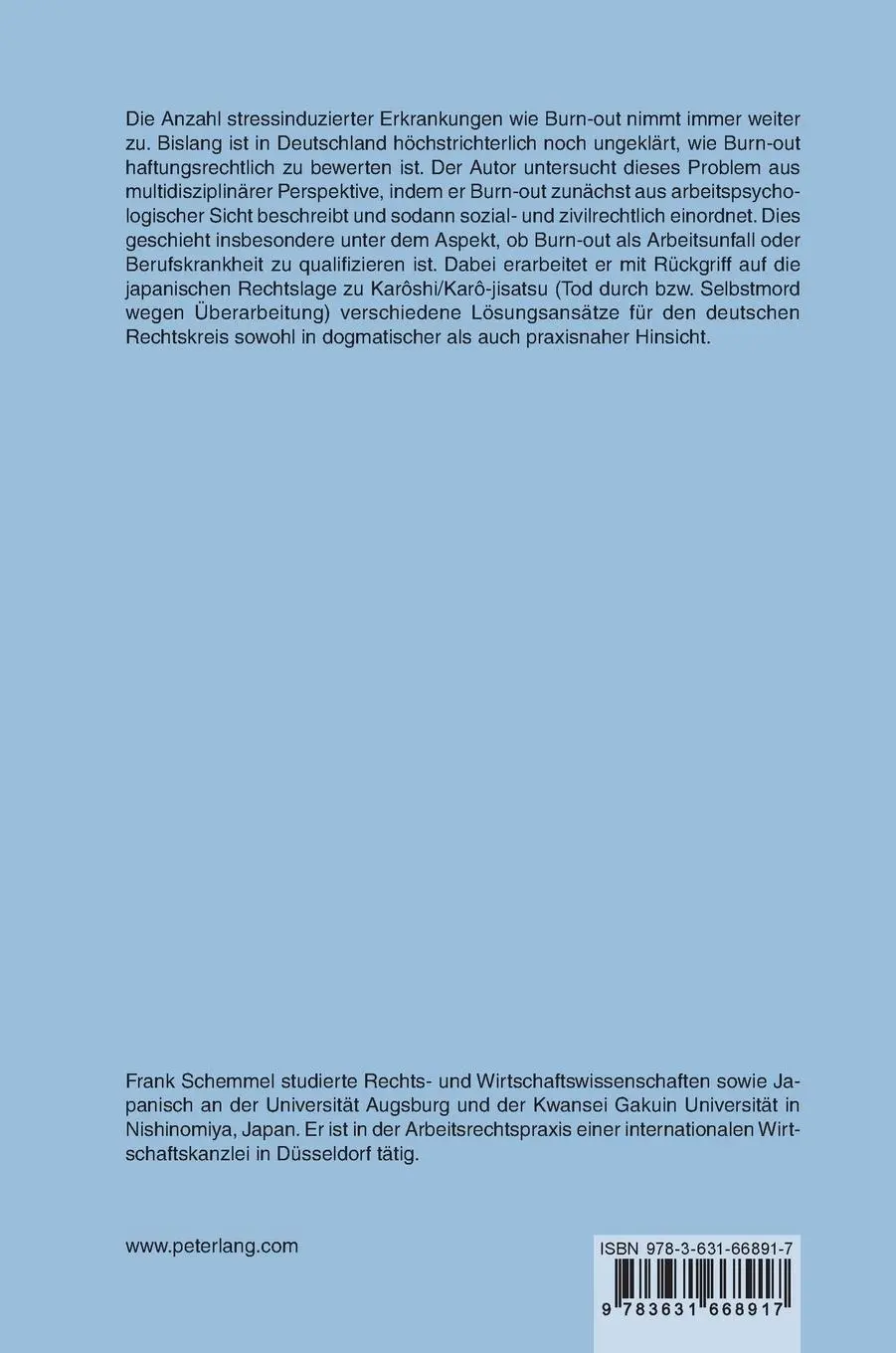 Rückseite: 9783631668917 | Haftungsfall Burn-Out | Frank Schemmel | Buch | Gebunden | Deutsch