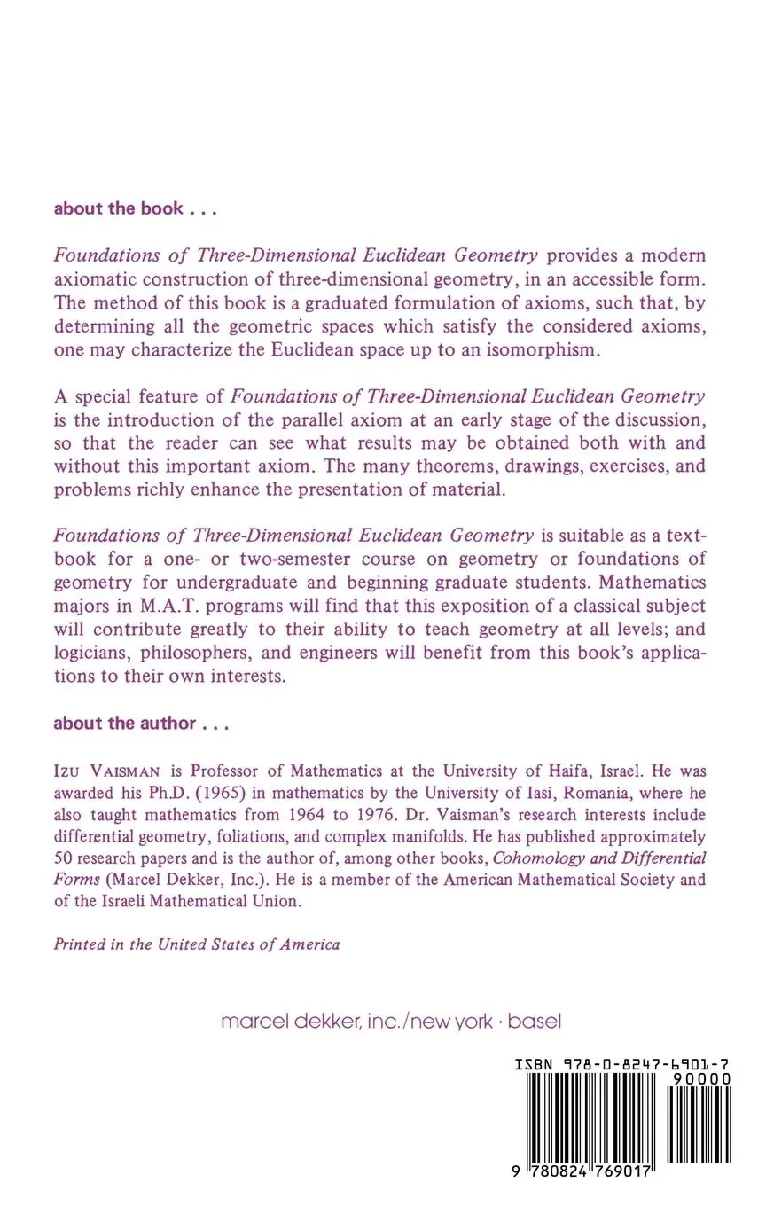 Rückseite: 9780824769017 | Foundations of Three-Dimensional Euclidean Geometry | I. Vaisman