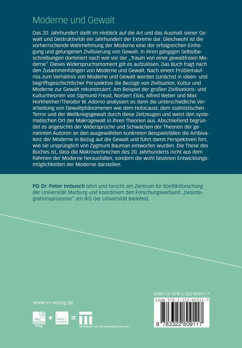 Rückseite: 9783322809117 | Moderne und Gewalt | Peter Imbusch | Taschenbuch | 579 S. | Deutsch