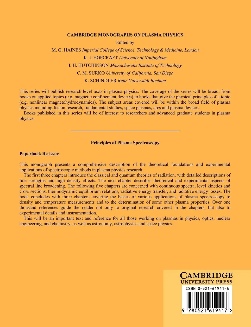 Rückseite: 9780521619417 | Principles of Plasma Spectroscopy | Hans R. Griem (u. a.) | Buch