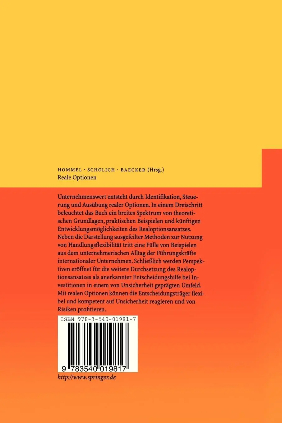 Rückseite: 9783540019817 | Reale Optionen | Ulrich Hommel (u. a.) | Buch | xvii | Deutsch | 2003