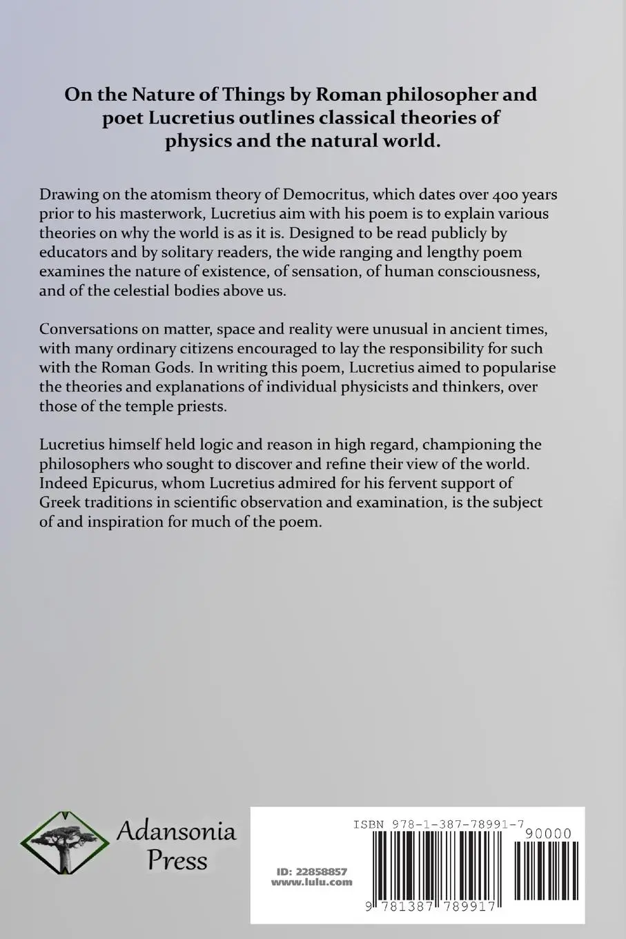 Rückseite: 9781387789917 | On the Nature of Things (De Rerum Natura) | Lucretius (u. a.) | Buch